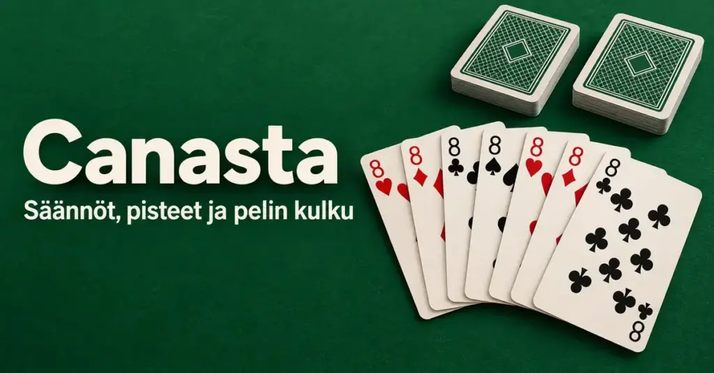 Seitsemän kahdeksikon kanasta ja kaksi korttipakkaa vihreällä pelipöydällä sekä teksti ”Canasta – Säännöt, pisteet ja pelin kulku”.