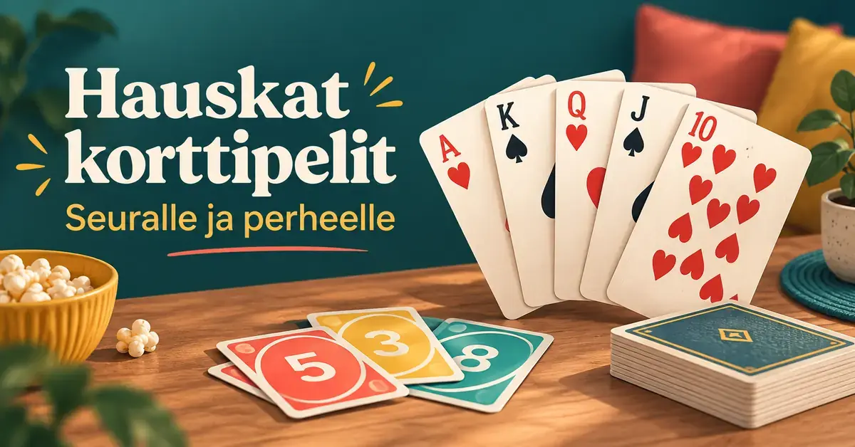 Pöydällä on pelikortteja, värikkäitä numerokortteja ja korttipakka tekstin ”Hauskat korttipelit – Seuralle ja perheelle” vieressä.