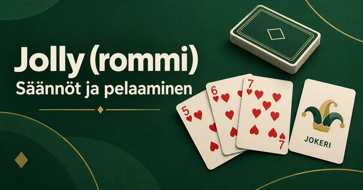 Jolly-rommipelin herttakortit 5, 6 ja 7, jokeri ja nostopakka vihreällä taustalla sekä teksti ”Jolly (rommi) – Säännöt ja pelaaminen”.
