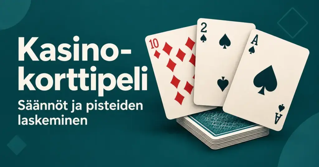 Kasino-korttipelin artikkelikuva, jossa ruutukymppi, patakakkonen ja pataässä ovat korttipakan päällä ja vieressä lukee ”Kasino-korttipeli: Säännöt ja pisteiden laskeminen”.