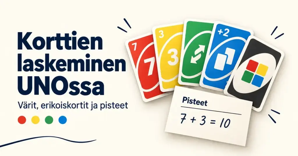Värikkäät numero- ja erikoiskortit sekä pistelaskuesimerkki havainnollistavat korttien seuraamista ja pisteiden laskemista UNOssa.