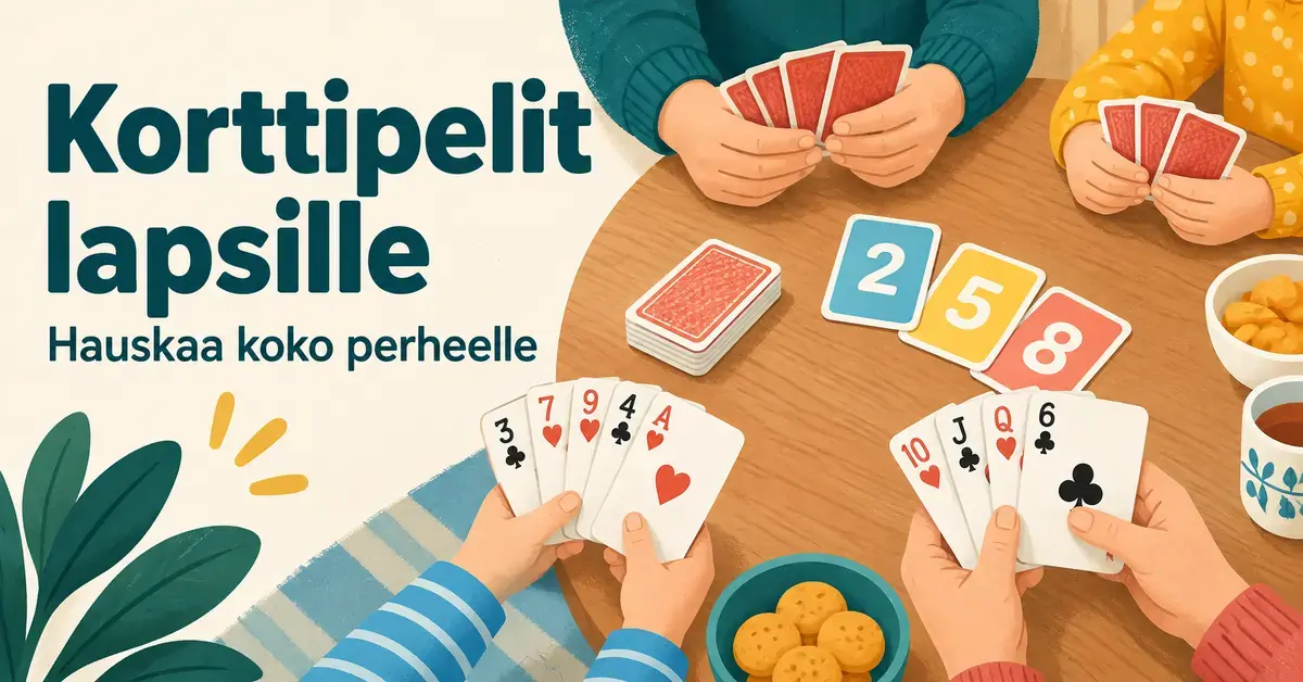 Kuvitus lapsista ja aikuisista pelaamassa korttipelejä yhteisen pöydän ääressä sekä teksti ”Korttipelit lapsille – Hauskaa koko perheelle”.
