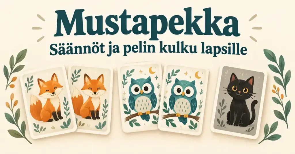Mustapekka-pelin kuvituksessa on kaksi kettukorttia, kaksi pöllökorttia ja pariton musta kissakortti sekä teksti ”Mustapekka – Säännöt ja pelin kulku lapsille”.