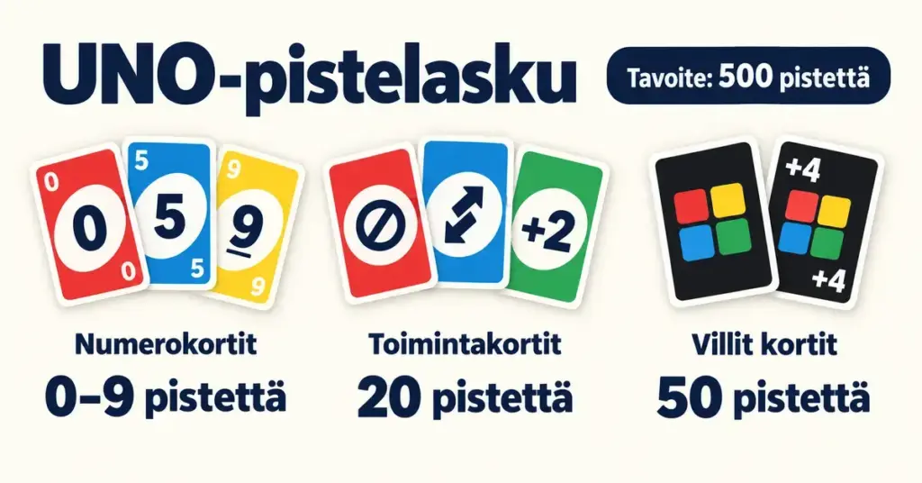 UNO-korttien pistearvot: numerokortit 0–9 pistettä, toimintakortit 20 pistettä ja villit kortit 50 pistettä sekä pelin tavoitteena 500 pistettä.