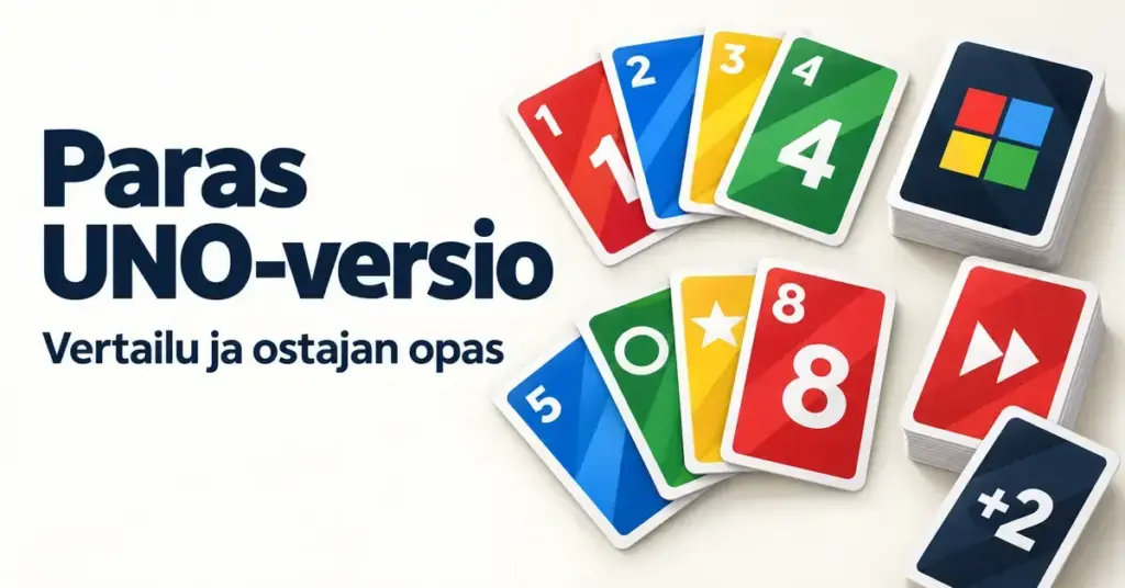 Värikkäitä pelikortteja ja korttipinoja sekä teksti ”Paras UNO-versio – Vertailu ja ostajan opas” vaalealla taustalla.
