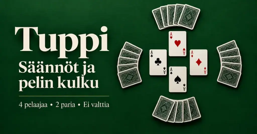 Vihreällä taustalla on neljä korttiviuhkaa ja neljä ässää sekä tekstit ”Tuppi – Säännöt ja pelin kulku” ja ”4 pelaajaa • 2 paria • Ei valttia”.