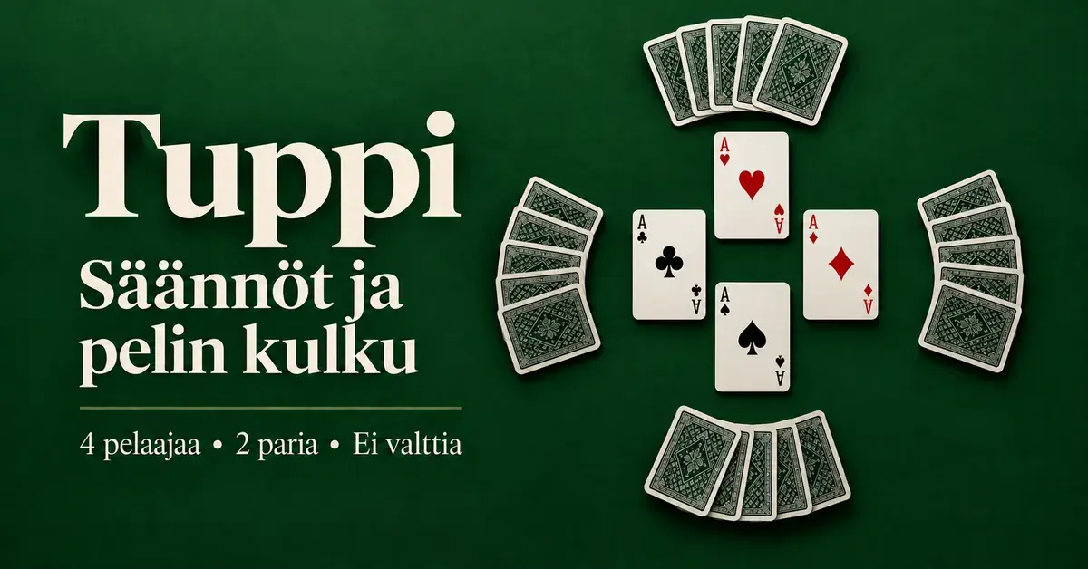 Vihreällä taustalla on neljä korttiviuhkaa ja neljä ässää sekä tekstit ”Tuppi – Säännöt ja pelin kulku” ja ”4 pelaajaa • 2 paria • Ei valttia”.