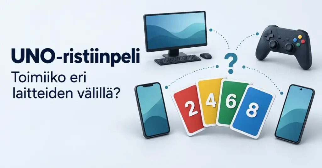 Värikkäät numerokortit, tietokone, peliohjain ja kaksi älypuhelinta havainnollistavat kysymystä UNOn ristiinpelistä eri laitteiden välillä.