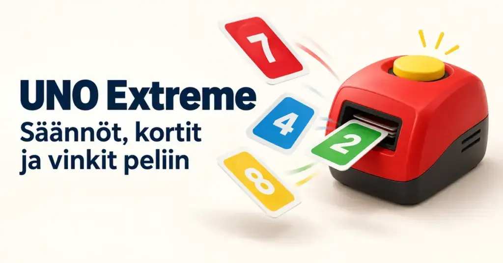 Punainen korttikone lennättää värikkäitä numerokortteja UNO Extreme -pelin sääntöjä, kortteja ja pelivinkkejä esittelevässä kuvassa.