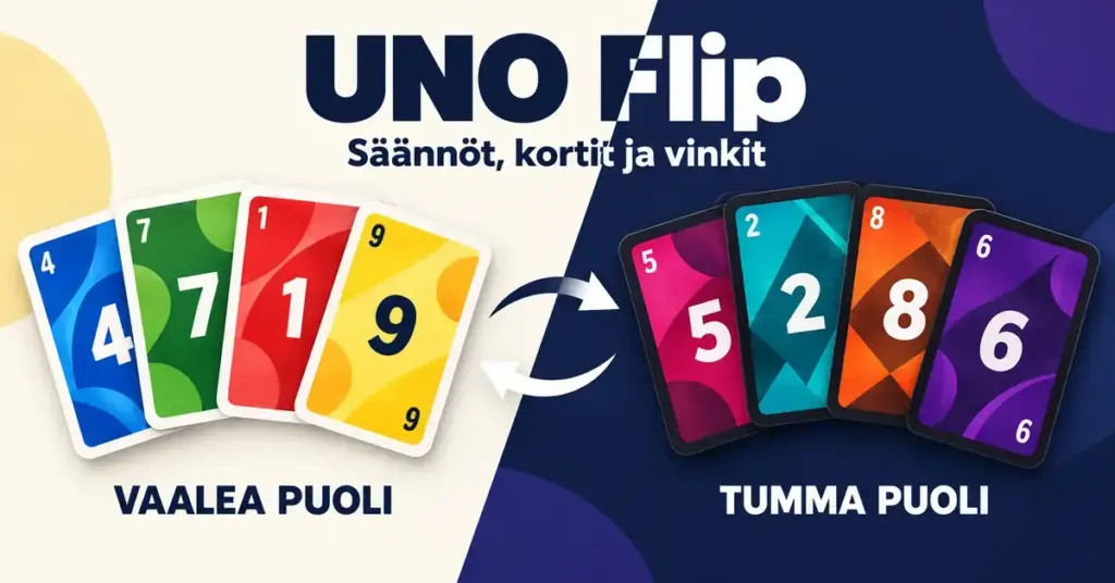 UNO Flip -pelin vaalean ja tumman puolen värikkäät numerokortit sekä puolten vaihtumista kuvaavat nuolet.