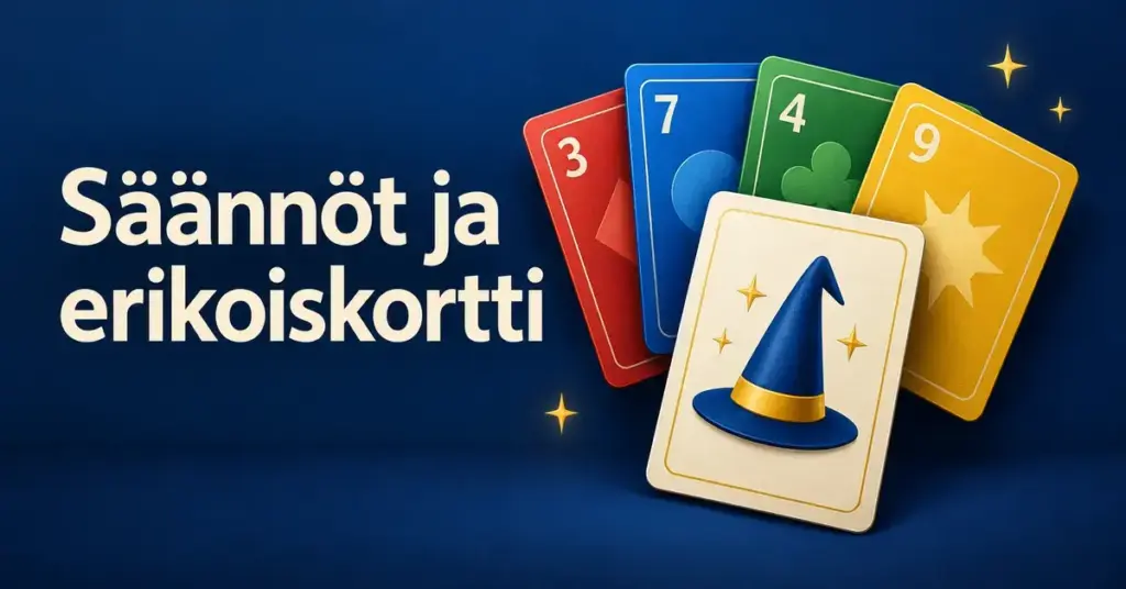 Värikkäitä numerokortteja ja taikurinhatulla kuvitettu erikoiskortti tummansinisellä taustalla sekä teksti ”Säännöt ja erikoiskortti”.