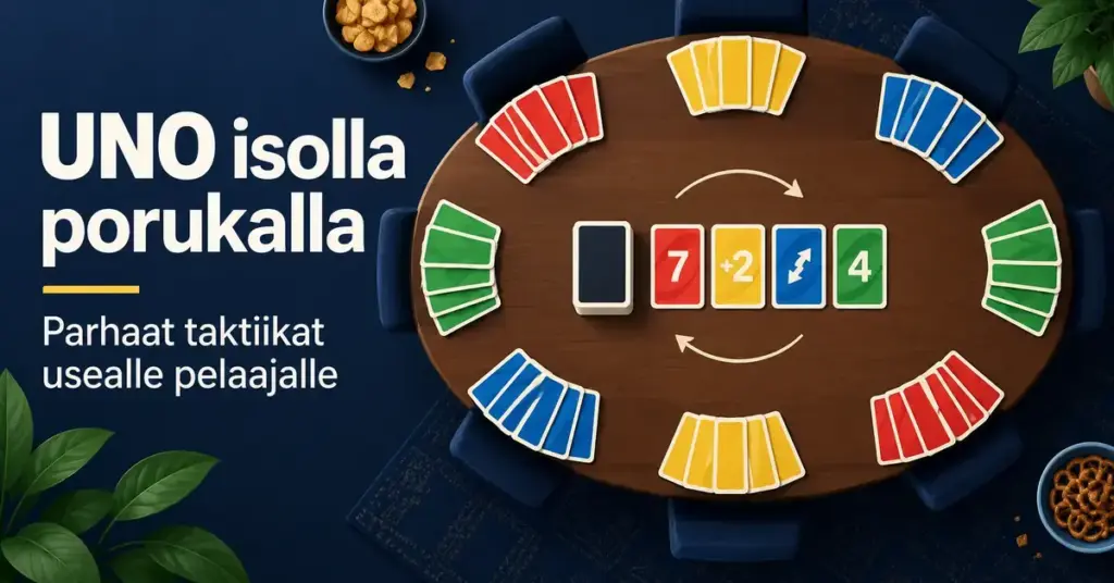 Kuvitus kahdeksan pelaajan värikkäistä korttiviuhkoista pelipöydän ympärillä sekä teksti ”UNO isolla porukalla – parhaat taktiikat usealle pelaajalle”.