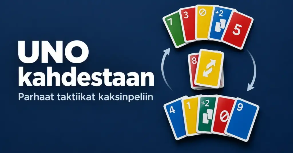 Kaksi vastakkaista värikkäiden pelikorttien viuhkaa ja vuorojen vaihtumista kuvaavat nuolet tummansinisellä taustalla sekä teksti ”UNO kahdestaan – Parhaat taktiikat kaksinpeliin”.