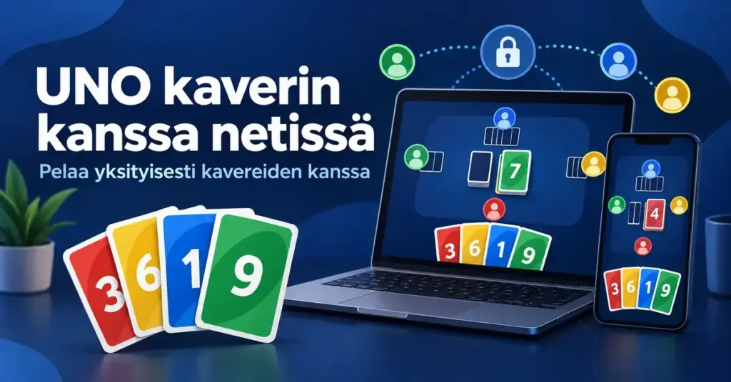 Kannettavan tietokoneen ja puhelimen näytöillä näkyy värikäs korttipeli, ja lukkokuvake havainnollistaa kavereiden yksityistä UNO-peliä netissä.