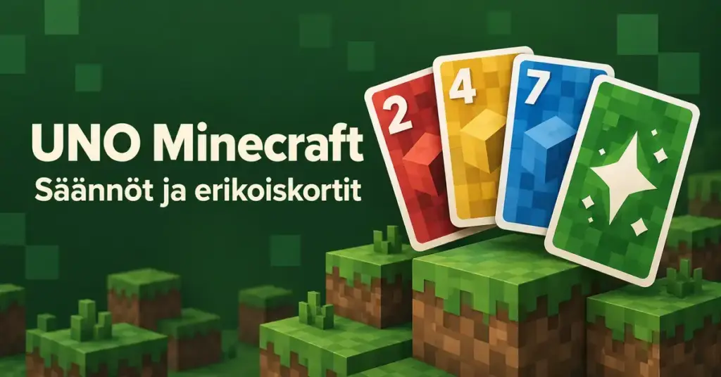 Värikkäitä pelikortteja ja ruohopintaisia kuutioita vihreällä taustalla sekä teksti UNO Minecraft – Säännöt ja erikoiskortit.