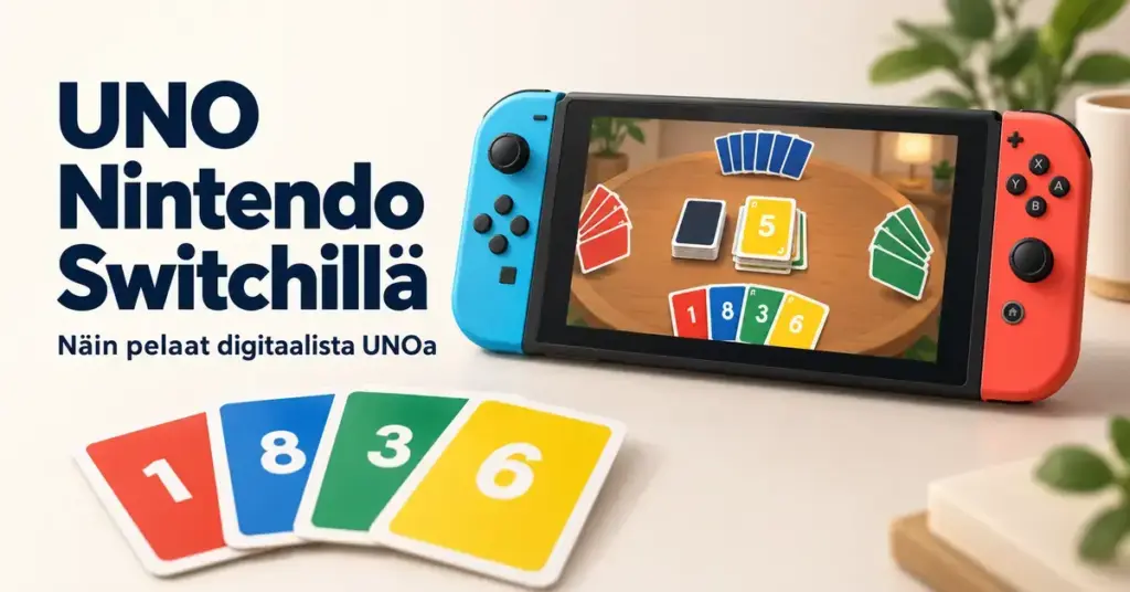 Kuvitus käsikonsolilla pelattavasta digitaalisesta korttipelistä, värikkäistä numerokorteista ja tekstistä ”UNO Nintendo Switchillä – Näin pelaat digitaalista UNOa”.