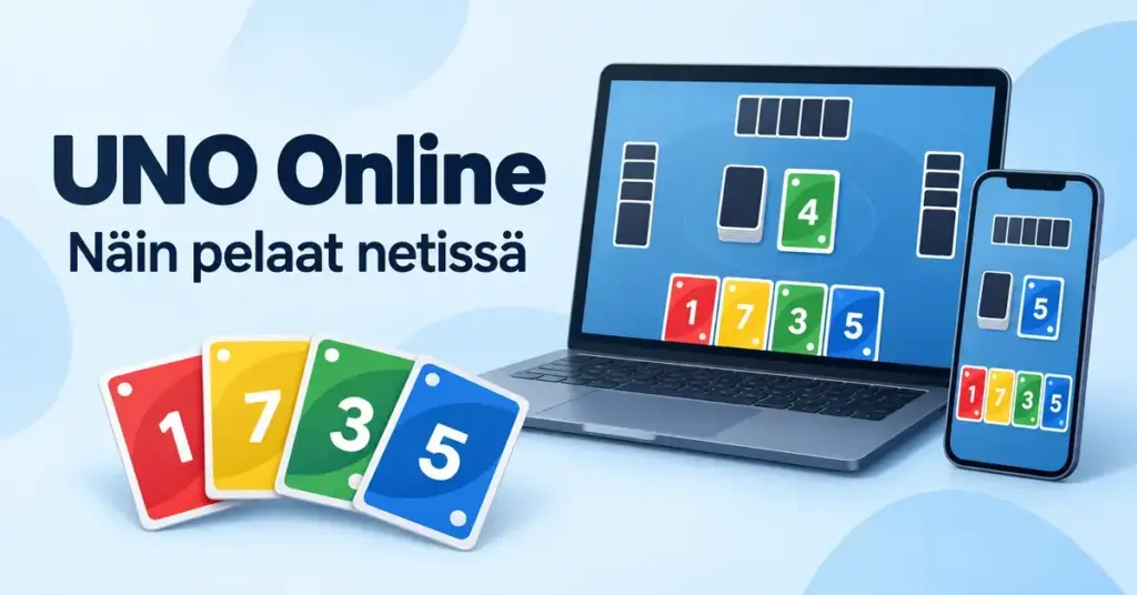 UNO Online -korttipeli kannettavan tietokoneen ja älypuhelimen näytöillä sekä värikkäitä pelikortteja vaaleansinisellä taustalla.