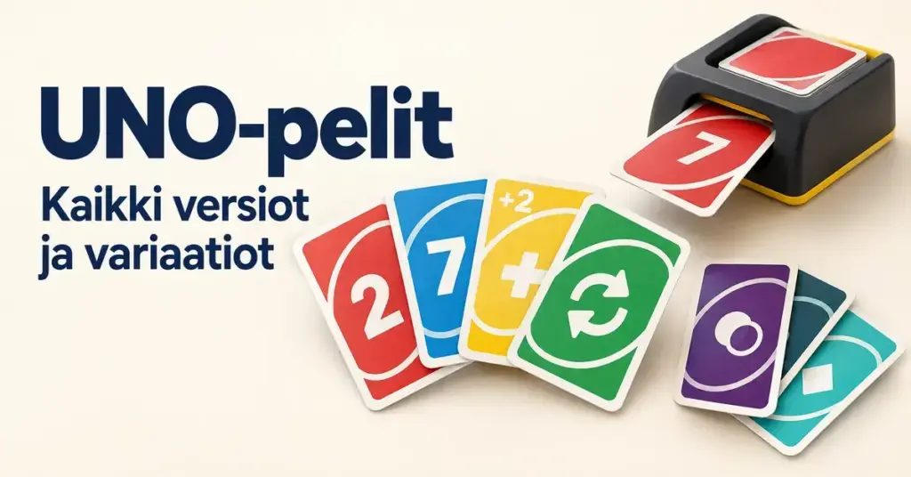 Värikkäitä pelikortteja ja korttikone vaalealla taustalla sekä teksti ”UNO-pelit – Kaikki versiot ja variaatiot”.