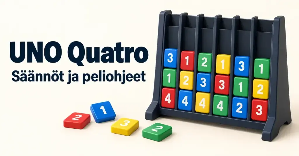 UNO Quatro -aiheinen kuvitus, jossa värikkäät numerolaatat muodostavat neljän suoran pystytelineessä ja vieressä lukee ”UNO Quatro – Säännöt ja peliohjeet”.