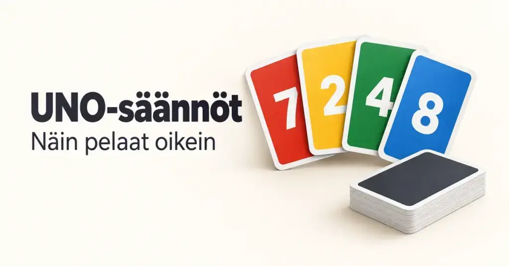 Punainen, keltainen, vihreä ja sininen numerokortti sekä korttipino vaalealla taustalla tekstin ”UNO-säännöt – Näin pelaat oikein” vieressä.