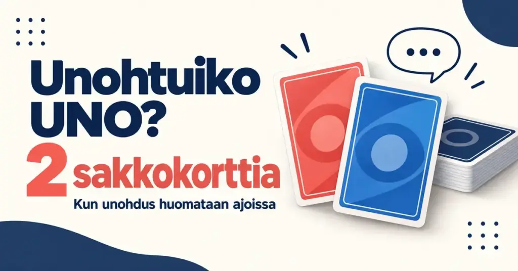 Kaksi pelikorttia ja puhekupla havainnollistavat UNO-huudon unohtamisesta saatavaa kahden kortin sakkoa, kun unohdus huomataan ajoissa.