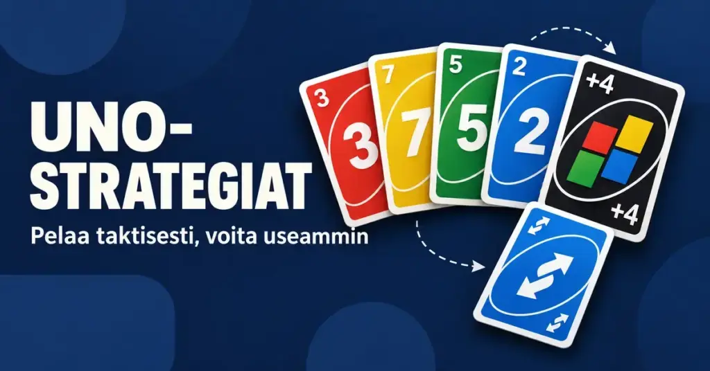 Värikkäät numero- ja erikoiskortit sekä pelisuuntaa kuvaavat nuolet havainnollistavat UNO-taktiikoita tummansinisellä taustalla, jossa lukee ”UNO-strategiat – Pelaa taktisesti, voita useammin”.
