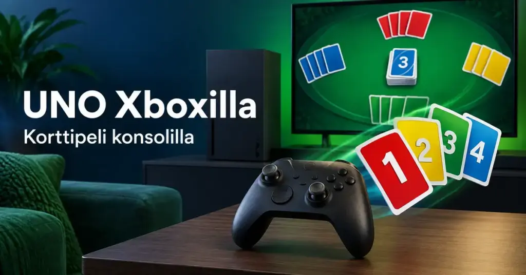 Musta peliohjain, värikkäät numerokortit ja digitaalinen korttipeli televisioruudulla sekä teksti ”UNO Xboxilla – Korttipeli konsolilla”.
