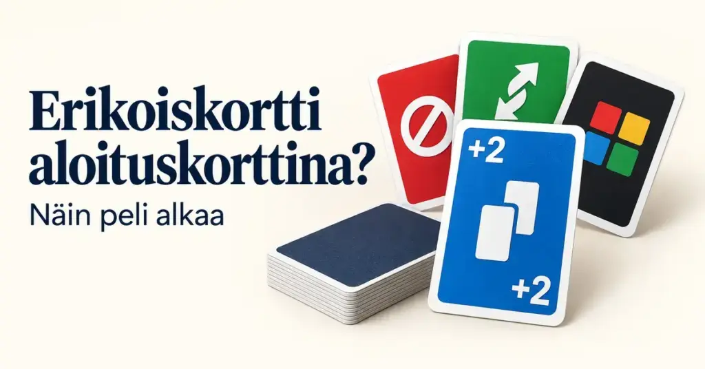 Nostopakka ja värikkäät ohitus-, suunnanvaihto-, villi- ja +2-kortit sekä teksti ”Erikoiskortti aloituskorttina? Näin peli alkaa”.