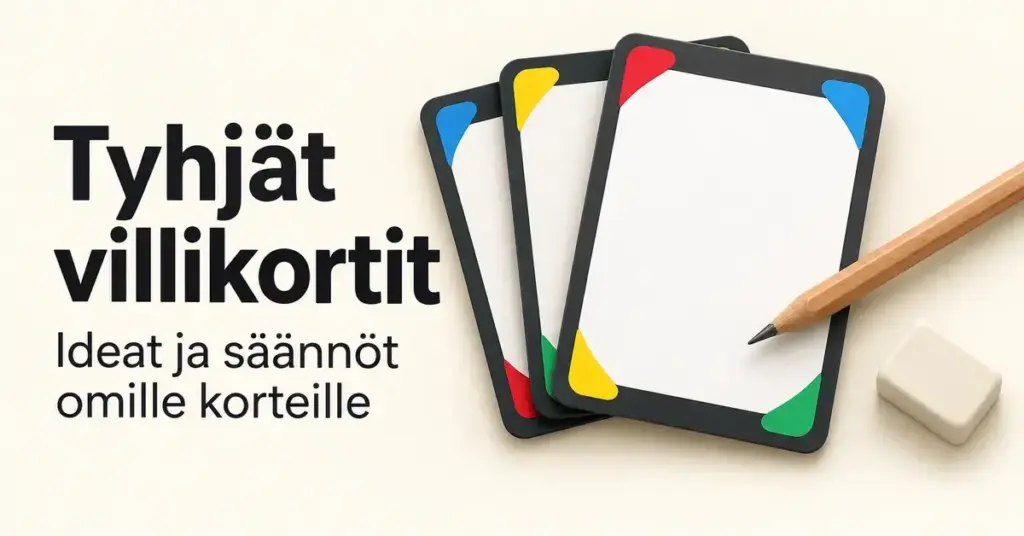 Tyhjiä villikortteja, lyijykynä ja pyyhekumi sekä teksti ”Tyhjät villikortit – Ideat ja säännöt omille korteille”.